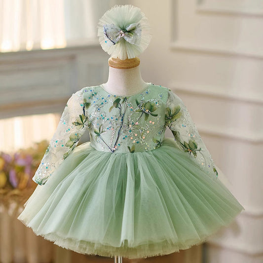 Bright Floral Green Children's Party Dress