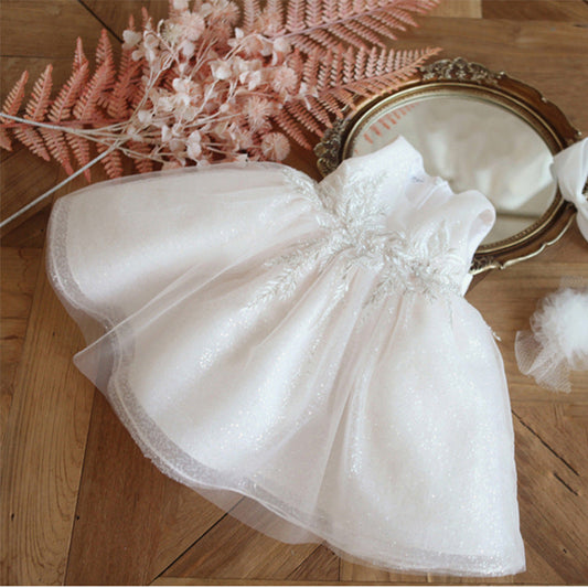 White Shiny Children's Party Dress with Flowers